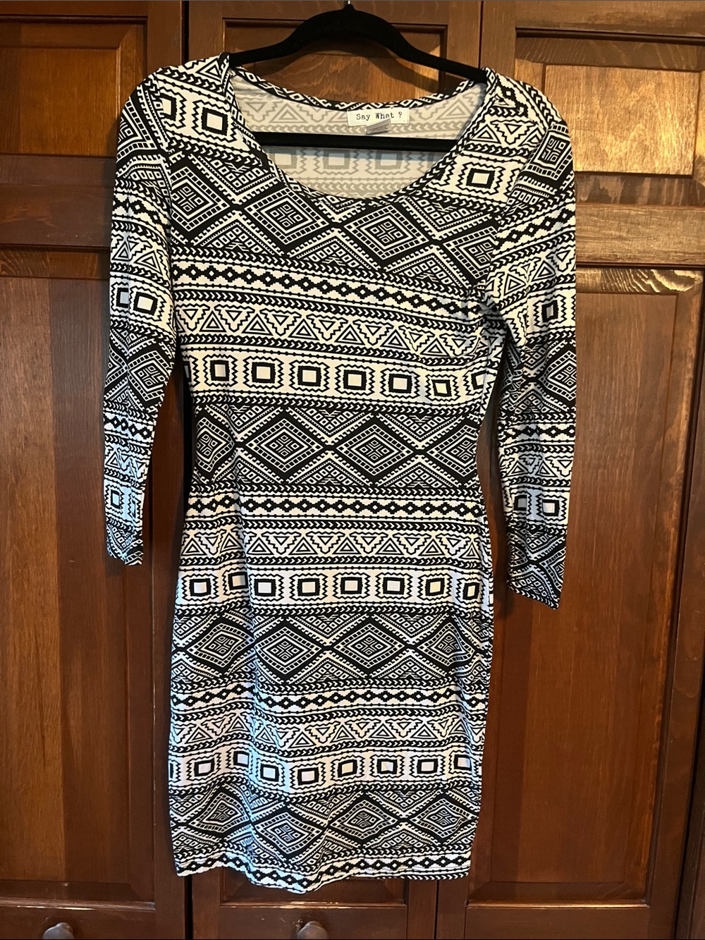 Say What? Black & White Geometric Long Sleeve Bodycon Dress